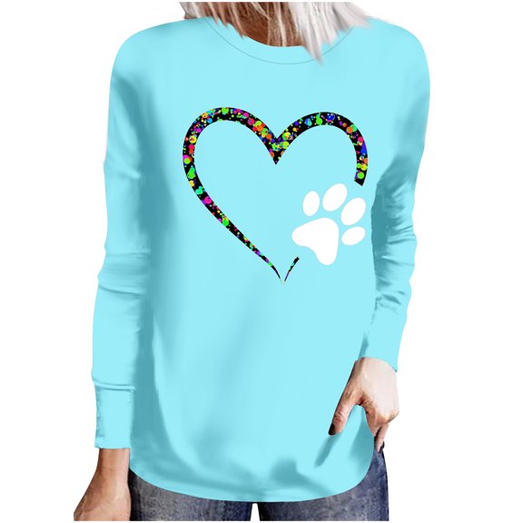Womens Valentine's Day Sweatshirts Valentine's Day Color Love Print Loose Shirts Long Sleeve Round Neck Casual Pullover Blouses Tops