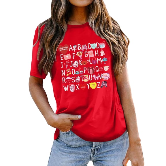 Womens Valentine's Day T-Shirts Cute Teacher Heart Graphic Short Sleeve Round Neck Tees Holiday Trendy Casual Classic Fit Tops