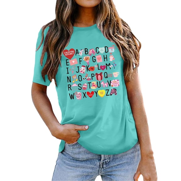 Womens Valentine's Day T-Shirts Cute Teacher Heart Graphic Short Sleeve Round Neck Tees Holiday Trendy Casual Classic Fit Tops