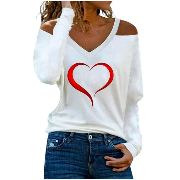 Womens Valentine's Day Tops Cold Shoulder Heart Print V Neck Long Sleeve T Shirt Comfy Trendy Blouse Tunic Tees