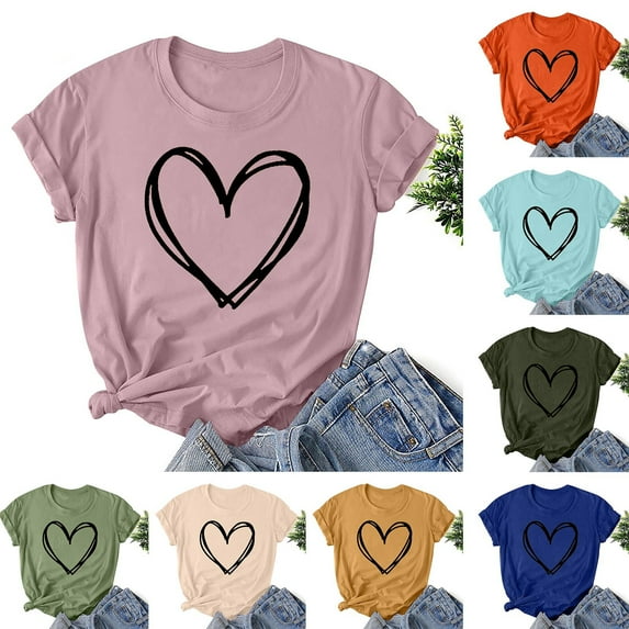 Womens Valentine's Day Tops Shirts Women Valentine Day Love Printed Short Sleeve T-Shirt Top Short Sleeve Round Neck Top Shirt Beige qILAKOG Size XL