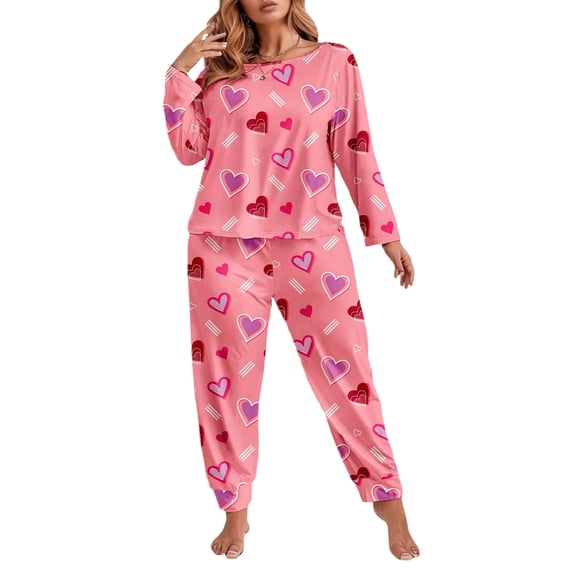 Womens Valentine's Plus Size Pajamas Set Heart Print Pjs Long Sleeve Tops and Pants Sleepwear Loungewear Set XL-5XL