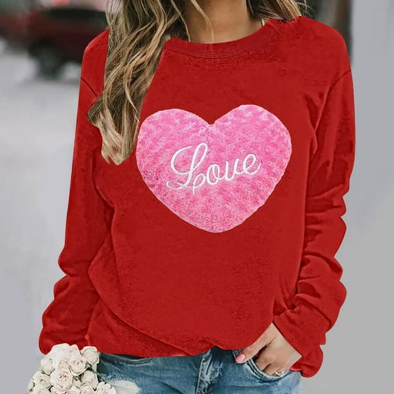 Womens Valentine's Sweatshirts Plus Size Cute Love Heart Graphic Blouses Long Sleeve Round Neck Shirts Valentine's Day Printed Sweater Pullover Tops