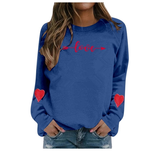 Womens Valentines Crew Neck Sweatshirts Love Heart Graphic Shirts Casual Long Sleeve Pullover Tops Blue S