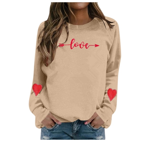 Womens Valentines Crew Neck Sweatshirts Love Heart Graphic Shirts Casual Long Sleeve Pullover Tops Khaki XXL
