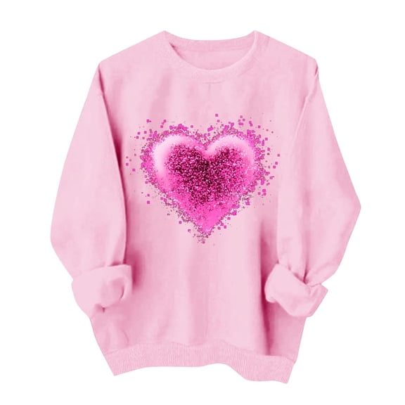 Womens Valentines Day Gifts Soft Heart Tee Hoodless Round Neck Pullover Shirts Casual Long Sleeved Top ECG Love Tees Comfy Romance Outfits Classic Couple Clothes