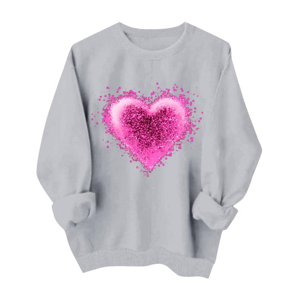 Womens Valentines Day Gifts Soft Heart Tee Hoodless Round Neck Pullover Shirts Casual Long Sleeved Top ECG Love Tees Comfy Romance Outfits Classic Couple Clothes