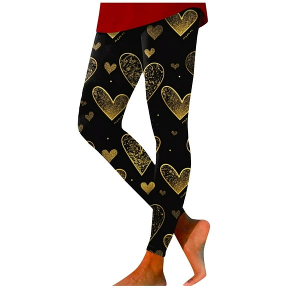 Womens Valentines Day Leggings Heart Print Cozy High Waist Yoga Pants Full Length Tummy Control Stretchy Skinny Sports Compression Leggings ZA Gold XXL