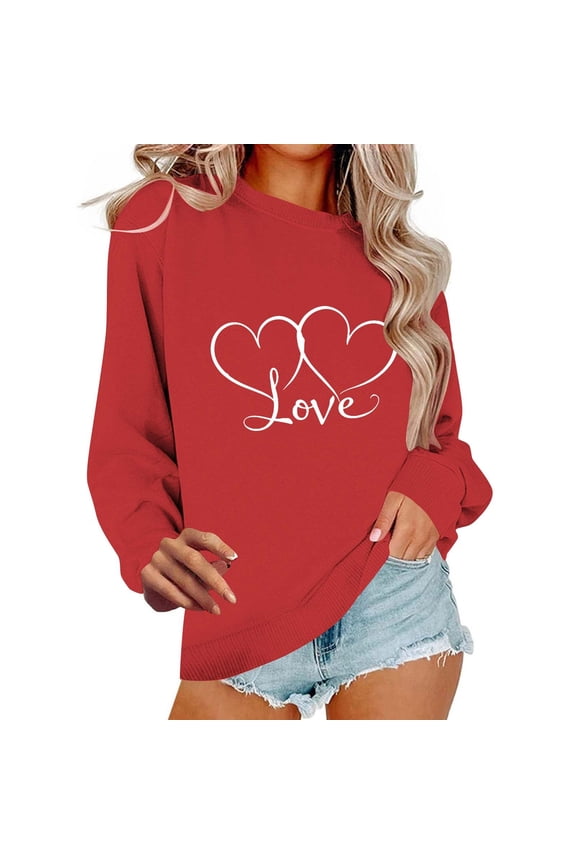 Womens Valentines Day Love Script Sweatshirt Interlocking Hearts Graphic Pullover Long Sleeve Crewneck Tops Romantic