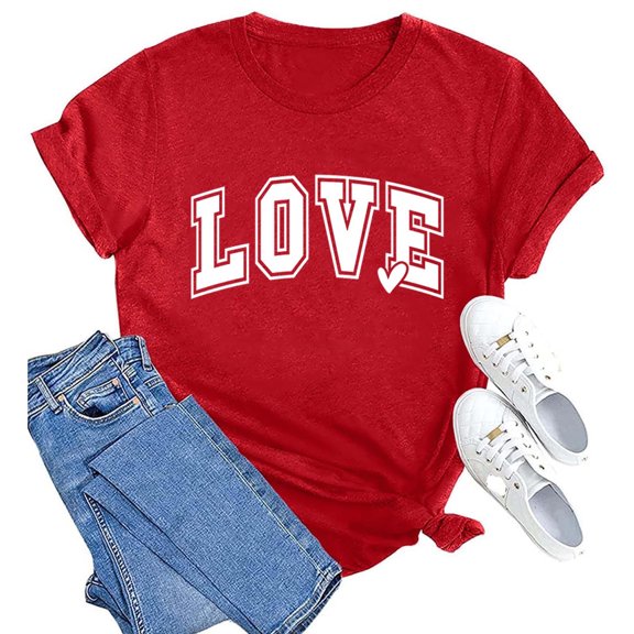 Womens Valentines Day Outfit Love Graphic Red Shirt Short Sleeve Round Neck Shirts Valentine T Shirts for Women Cute Spring Outfits