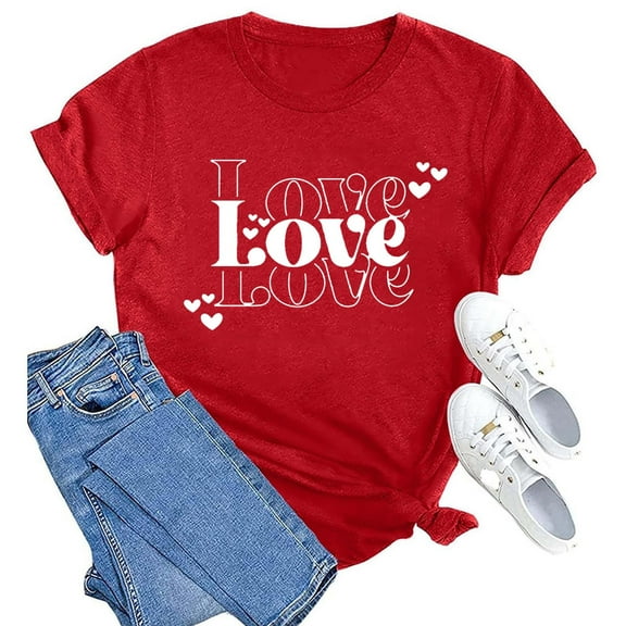 Womens Valentines Day Outfit Love Graphic Red Shirt Short Sleeve Round Neck Shirts Valentine T Shirts for Women Cute Spring Outfits