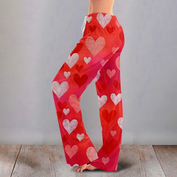 Womens Valentines Day Pajama Pants Heart Funny Holiday Love Heart Pj Pants Wide Leg Elastic Waist Comfy Relaxed Fit Pants