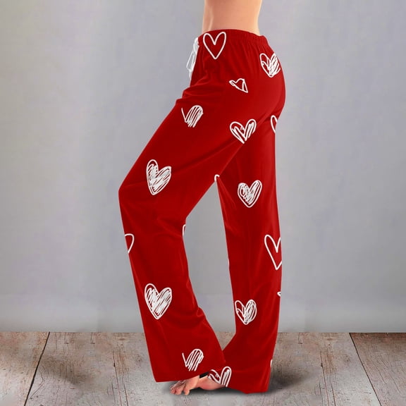 Womens Valentines Day Pajama Pants Heart Graphic Print Pjs Drawstring Jogger Wide Leg Athletic Pants