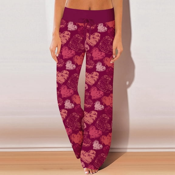 Womens Valentines Day Pajama Pants Heart Print Soft Lounge Pants Drawstring Jogger Wide Leg Athletic Pants