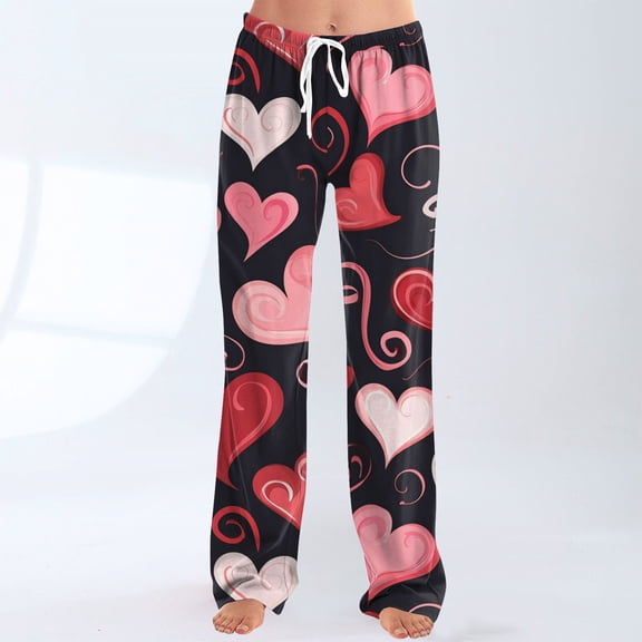 Womens Valentines Day Pajama Pants Heart Print Soft Lounge Pants Wide Leg Elastic Waist Comfy Relaxed Fit Pants