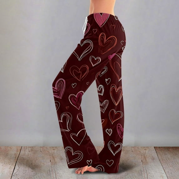 Womens Valentines Day Pajama Pants Holiday Elastic Waist Cute Valentine's Day Pajama Pants Drawstring Jogger Wide Leg Athletic Pants