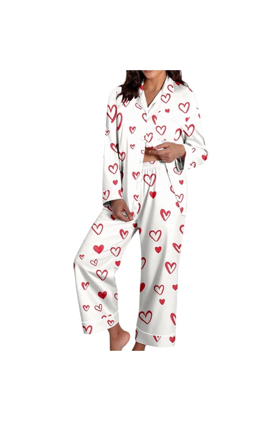 Womens Valentines Day Pajamas 2 Pcs Silky Pajamas Valentines Printed Long Sleeve Pj Set Loungewear Sets Gifts For Women Valentines Day