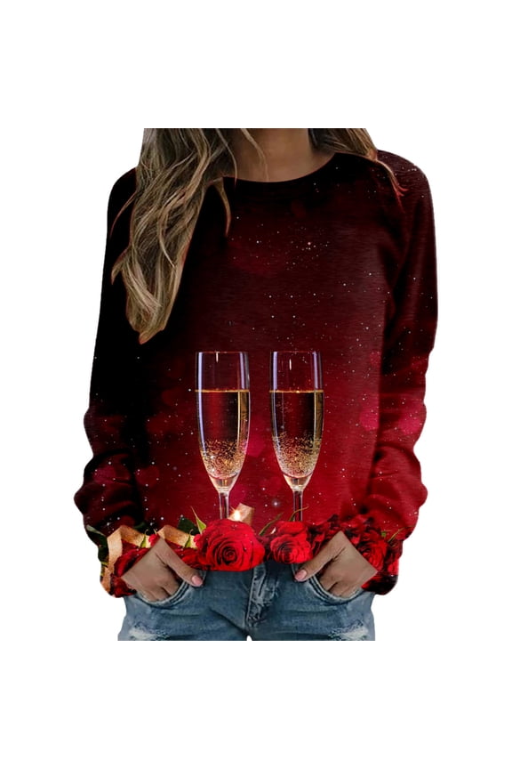 Womens Valentines Day Print Crewneck Fit Pullover Tops Long Sleeve Workout Shirts Loose Blouse