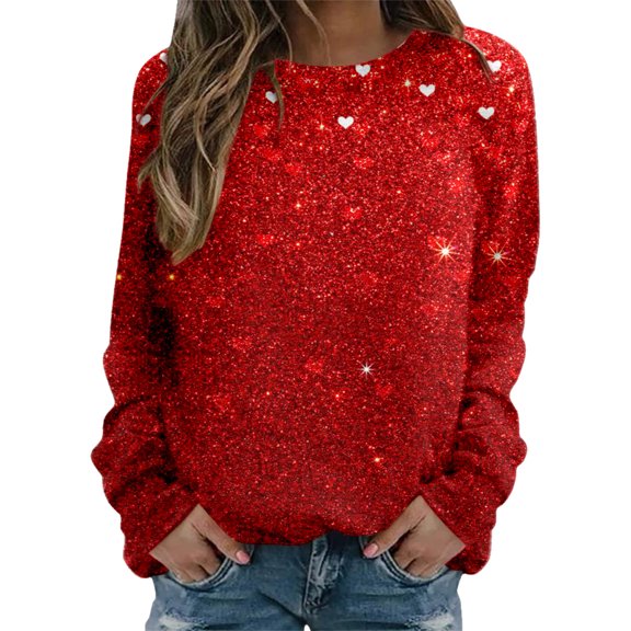 Womens Valentines Day Print Crewneck Fit Pullover Tops Long Sleeve Workout Shirts Loose Blouse