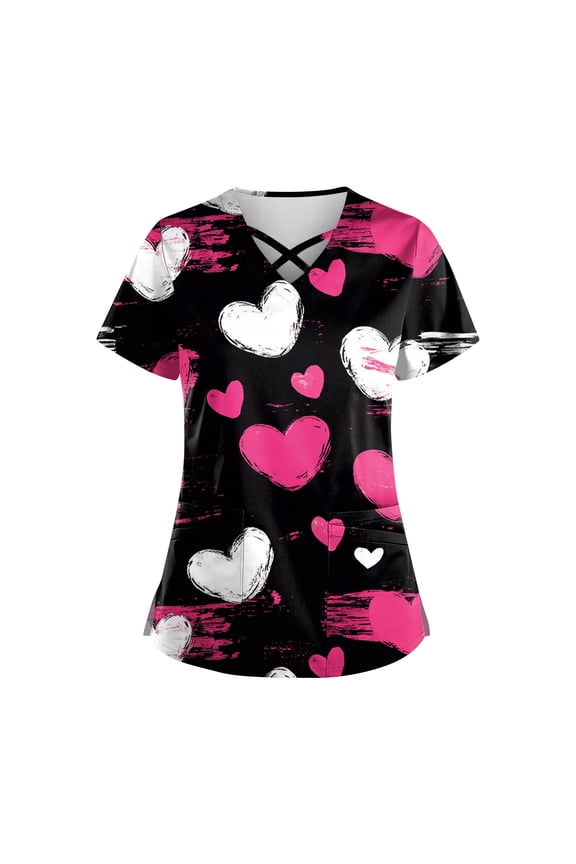 Womens Valentines Day Scrub Tops Casual Criss Cross V Neck Cute Love Heart Printed Scrub Shirts Hoilday Short Sleeve Scrubs Nursing Workwear Medical Nurse Uniform with Pockets Black 5XL