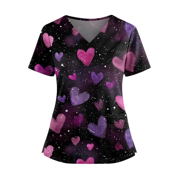 Womens Valentines Day Scrub Tops Casual Short Sleeve Cute Love Heart Printed Scrubs Loose V Neck Scrub Shirts Medical Nurse Workwear Nursing Uniform with Pockets Black M