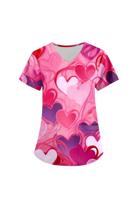Womens Valentines Day Scrub Tops Casual V Neck Cute Valentine Love Printed Scrubs Loose Short Sleeve Scrub Shirts Nursing Workwear Medical Nurse Uniform with Pockets Hot Pink L