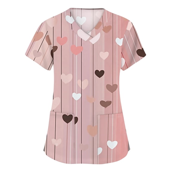 Womens Valentines Day Scrub Tops Hoilday V Neck Cute Love Heart Printed Scrub Shirts Casual Short Sleeve Scrubs Nursing Workwear Medical Nurse Uniform with Pockets Pink XL