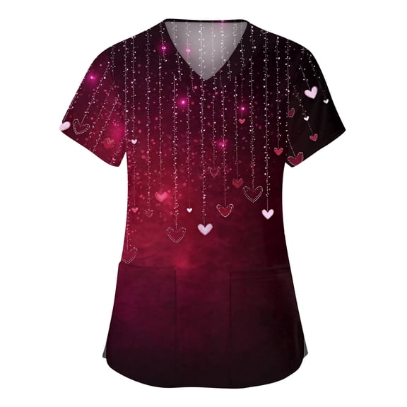 Womens Valentines Day Scrub Tops Loose V Neck Cute Valentine Love Printed Scrub Shirts Casual Short Sleeve Scrubs Nursing Workwear Medical Nurse Uniform with Pockets Hot Pink XL