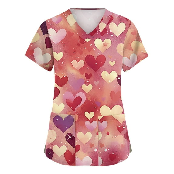 Womens Valentines Day Scrub Tops Plus Size Casual Short Sleeve Cute Love Hearts Graphic Scrub Shirts Hoilday V Neck Scrubs Medical Nurse Uniform Nursing Workwear with Pockets Light pink S