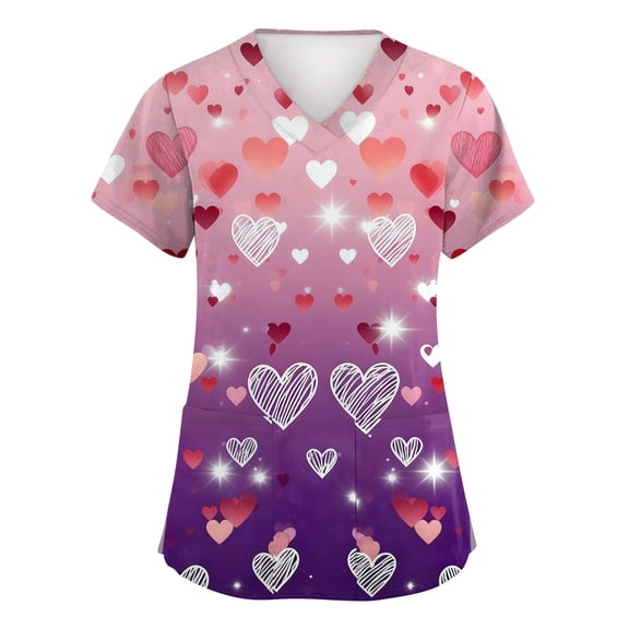 Womens Valentines Day Scrub Tops Plus Size Loose V Neck Cute Valentine Love Printed Scrubs Hoilday Short Sleeve Scrub Shirts Medical Nurse Workwear Nursing Uniform with Pockets Purple M