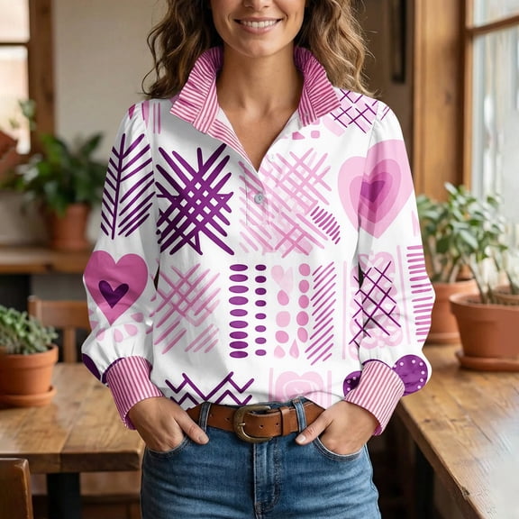 Womens Valentines Day Shirt Long Sleeve Cute Vintage Heart Print Business Blouses Half Button Stripe Ruffled Stand Collar Pink Love Heart Print Casual Blouses Graphic Pullover Top V Neck Puff Sleeve