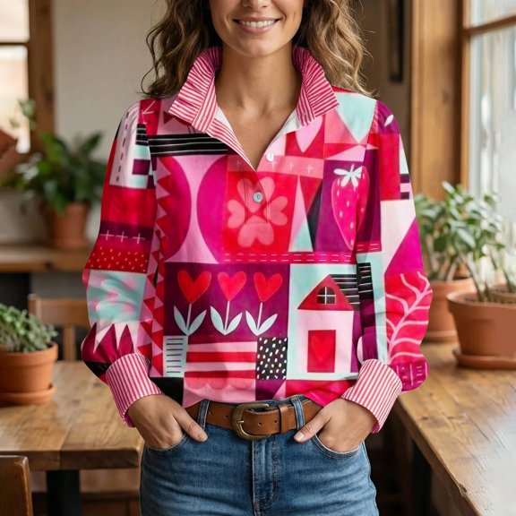 Womens Valentines Day Shirt Long Sleeve V Neck Puff Sleeve Pink Love Heart Print Casual Blouses Half Button Stripe Ruffled Stand Collar Business Work Top Going Out Tops Graphic Pullover Top Cute