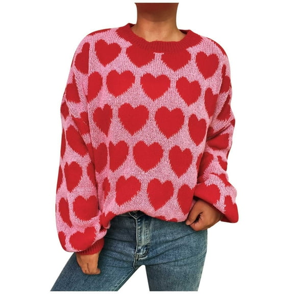 Womens Valentines Day Sweater Fuzzy Cute Heart Sweaters Long Sleeve Crewneck Casual Knit Pullover Top Red, XL