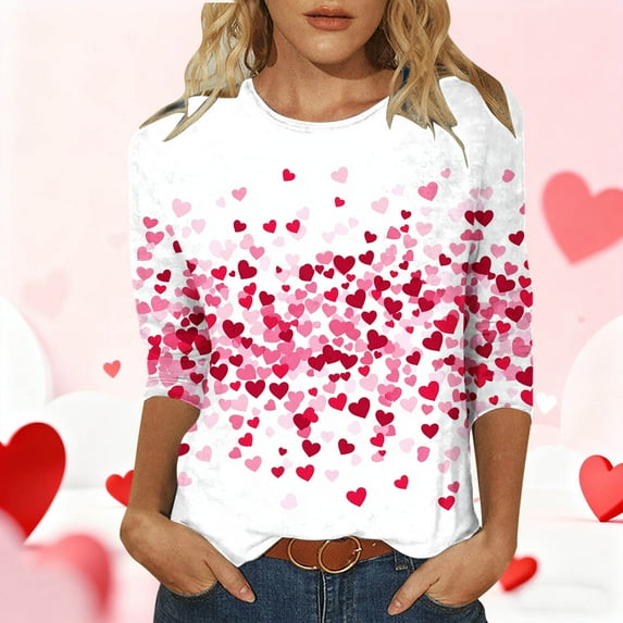 Womens Valentines Day Sweatshirt Heart Graphic 3/4 Sleeve Oversized Pullover Loose Fitted Drop Shoulder Causal Tee Shirts Cute Trendy Outfits 2026