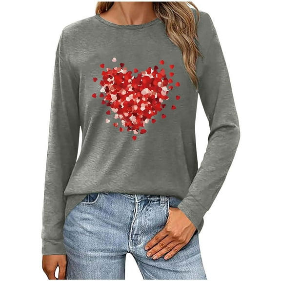 Womens Valentines Day Sweatshirt Love Heart Long Sleeve Pullover Tops Casual Round Neck Loose Fall Shirts (Gray XL)