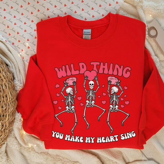 Womens Valentines Day Sweatshirt, Valentine Wild Thing Skeleton Sweatshirt, Womens Valentines Day Sweater, Valentines Sweater (Sizes:3XL; Colors:Red;)