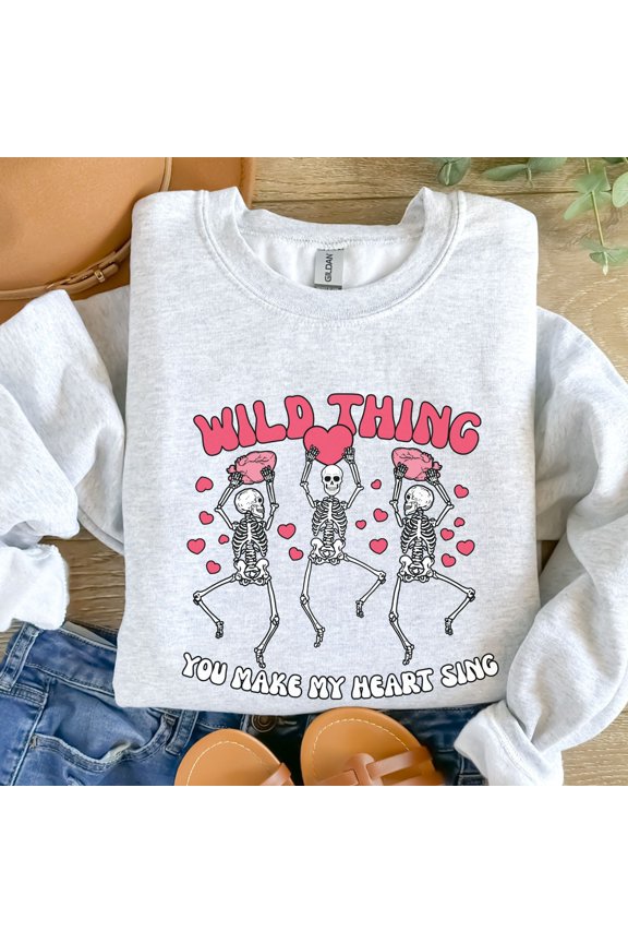 Womens Valentines Day Sweatshirt, Valentine Wild Thing Skeleton Sweatshirt, Womens Valentines Day Sweater, Valentines Sweater (Sizes:L; Colors:Ash;)