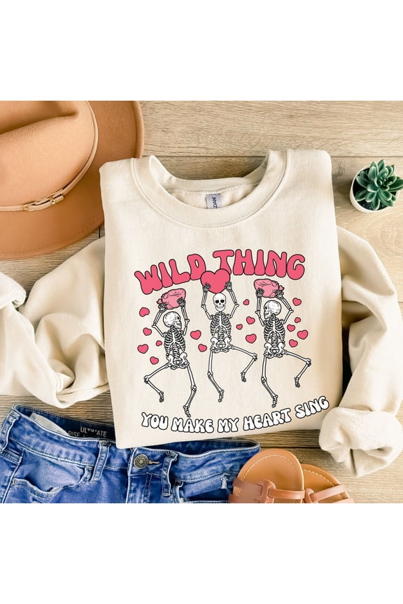 Womens Valentines Day Sweatshirt, Valentine Wild Thing Skeleton Sweatshirt, Womens Valentines Day Sweater, Valentines Sweater (Sizes:S; Colors:Sand;)