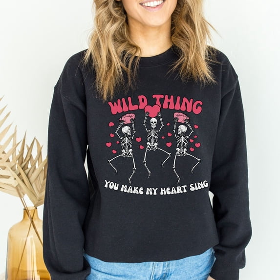 Womens Valentines Day Sweatshirt, Valentine Wild Thing Skeleton Sweatshirt, Womens Valentines Day Sweater, Valentines Sweater (Sizes:XL; Colors:Black;)