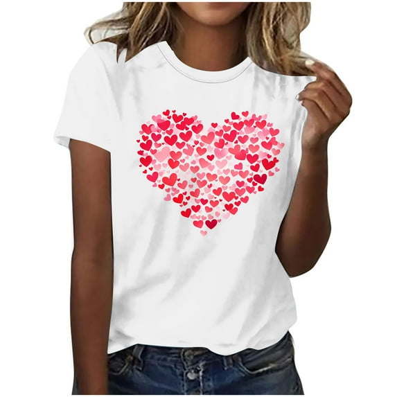 Womens Valentines Day T Shirts Short Sleeve Love Heart Printed Tshirts Plus Size Crew Neck Basic Tees (3XL, White 02)