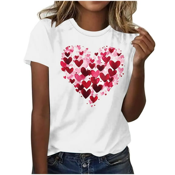 Womens Valentines Day T Shirts Short Sleeve Love Heart Printed Tshirts Plus Size Crew Neck Basic Tees (M, White 03)