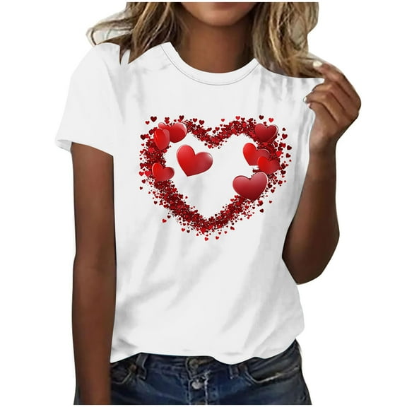 Womens Valentines Day T Shirts Short Sleeve Love Heart Printed Tshirts Plus Size Crew Neck Basic Tees (M, White 07)