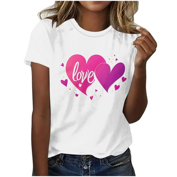 Womens Valentines Day T Shirts Short Sleeve Love Heart Printed Tshirts Plus Size Crew Neck Basic Tees (M, White)