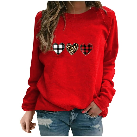 Womens Valentines Day Tops Leopard Buffalo Plaid Heart Graphic Sweatshirts Crewneck Pullover Tops