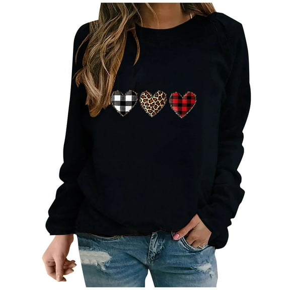 Womens Valentines Day Tops Leopard Buffalo Plaid Heart Graphic Sweatshirts Crewneck Pullover Tops