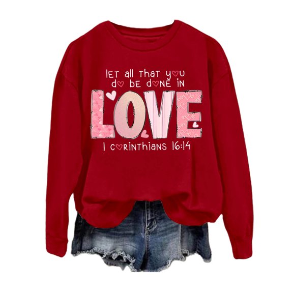 Womens Valentines Day Trendy Pullover Sweatshirts Letter Print Round Neck Top for Fall & Winter