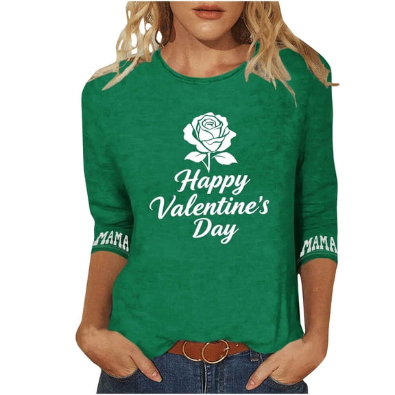 Womens Valentines Mama Shirt Pullover Plus Size Love 3/4 Sleeve Graphic Tees Tops Casual Crewneck Cotton Comfy Tshirt, M Green