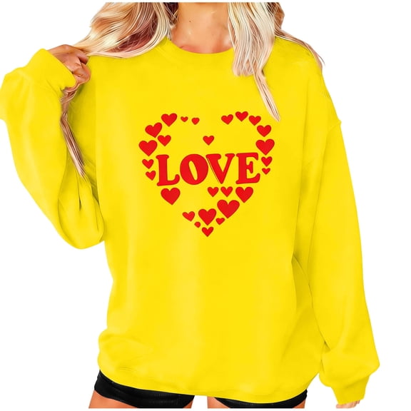 Womens Valentines Oversized Sweatshirt Long Sleeve Heart Love Graphic Shirts Crewneck Cute Pullover Sweater Tops, S Yellow