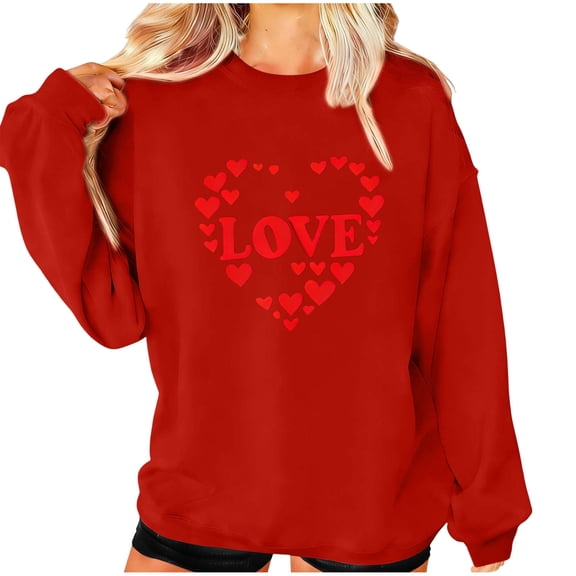 Womens Valentines Oversized Sweatshirt Long Sleeve Heart Love Graphic Shirts Crewneck Cute Pullover Sweater Tops, XL Red