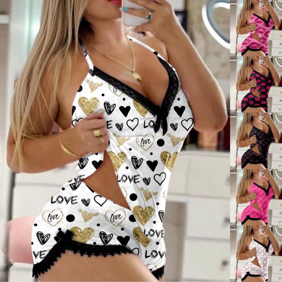 Womens Valentines Pajama Set Couple Date Ladies Sleeveless Deep V Vest And Shorts 2 Piece Loungewear Heart Festive Gifts Love Print Valentines Date Night Outfits